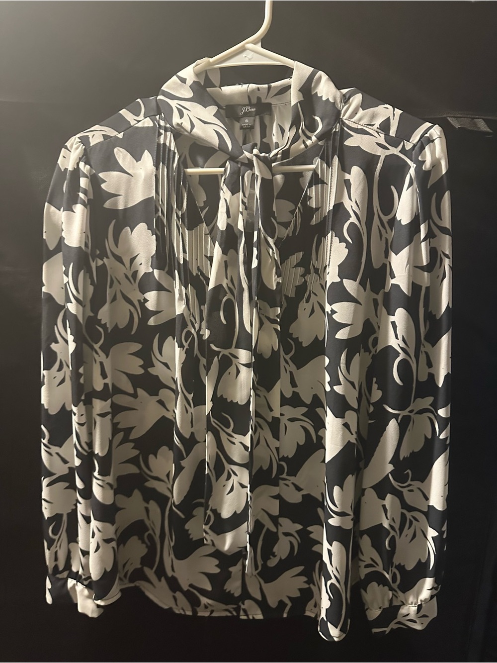 J. Crew Navy Blue and White Floral Tie-Neck Blouse